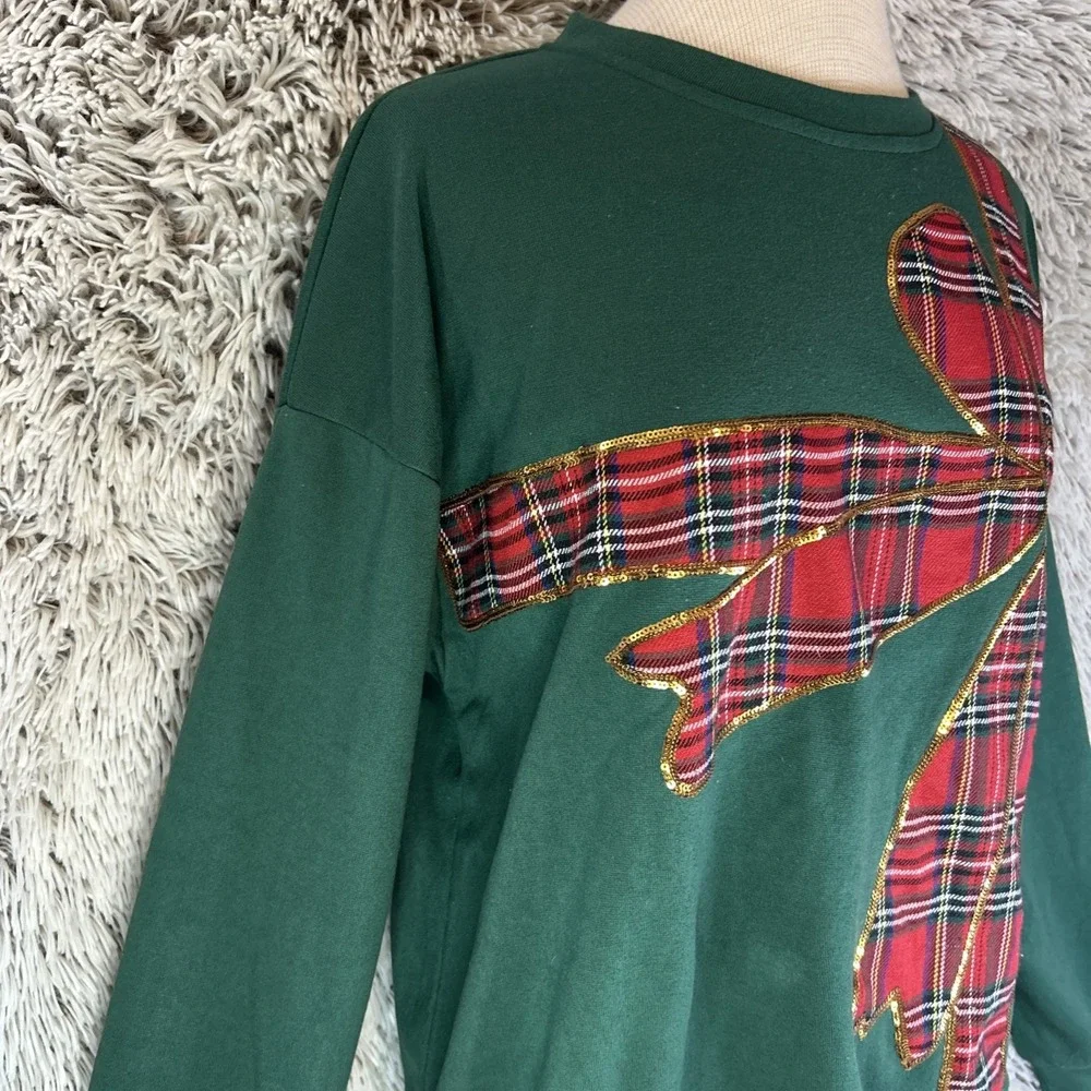 Bibi Green Red Plaid Ribbon Crewneck Pullover Christmas Gold Sequin Holiday Sz S - Picture 2 of 12